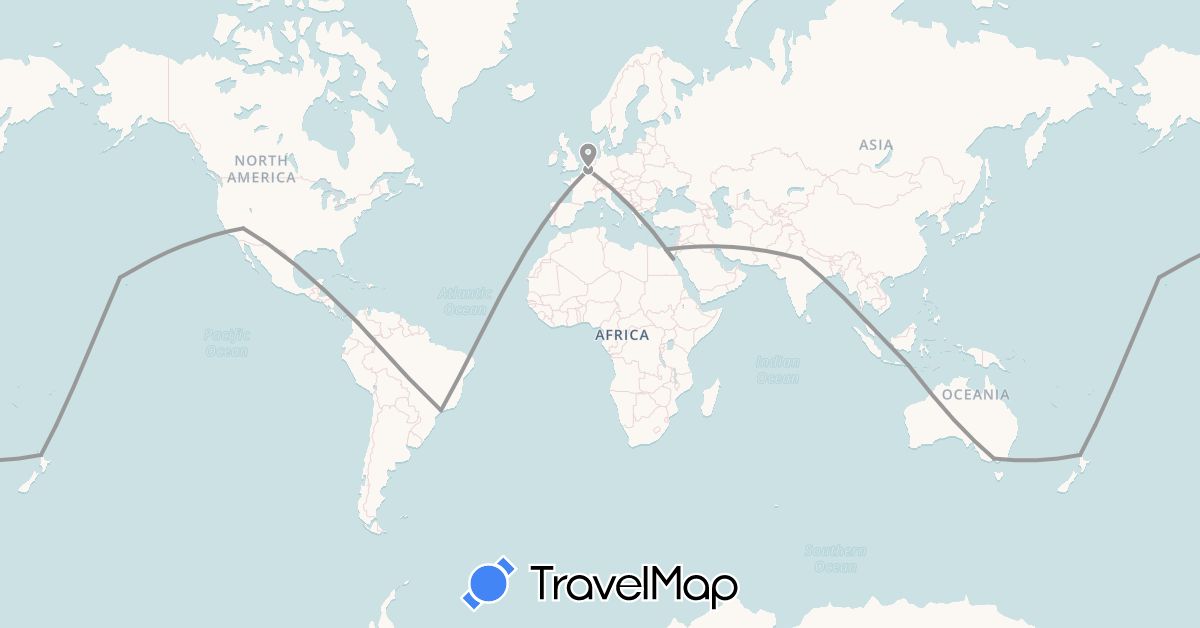 TravelMap itinerary: driving, plane in Australia, Belgium, Brazil, Colombia, Egypt, Indonesia, India, New Zealand, United States (Africa, Asia, Europe, North America, Oceania, South America)